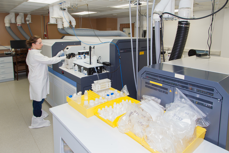 Kate Smith, WSLH chemist and lead author on the article, analyzes samples using the Multicollector ICP-MS in the WSLH Trace Elements Clean Lab. The MC-ICPMS contains 9 Faraday detectors under high vacuum. Each detector can be tuned to measure the specific atomic mass of the individual isotopes of an element. With 9 detectors, the instrument is capable of measuring up to 9 different isotopes simultaneously. The instrument also contains a magnet that creates an electric field for separating the different masses of interest. Measuring the relative abundances of the isotopes of an element provides a “fingerprint” of the element in that sample. This can help determine where an element - and by association the sample - may have come from geographically, what environmental factors may have impacted the sample, or can be used as a tracer in clinical specimens, among other applications. 